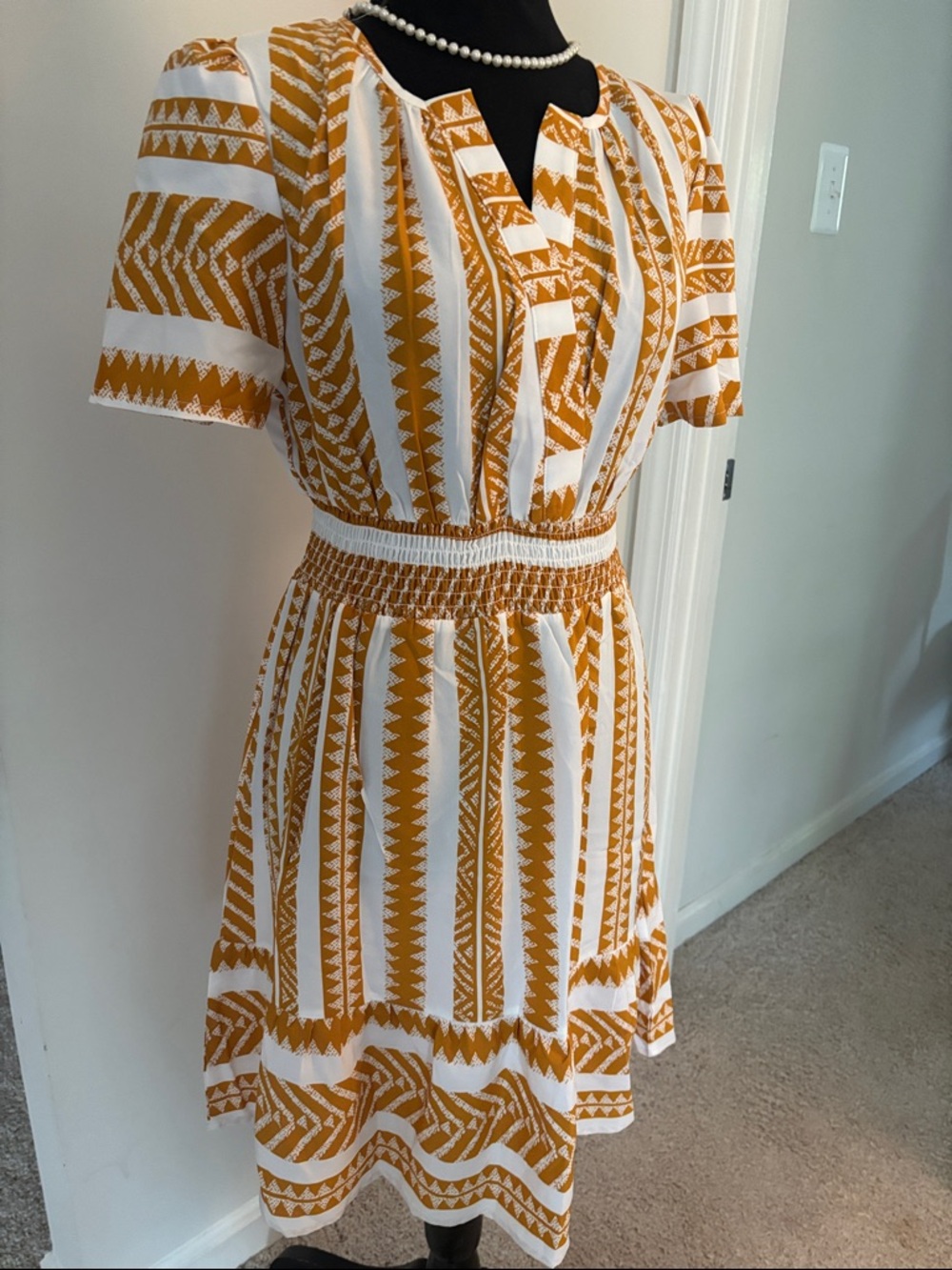 Mustard Stripe Smocked Waist Women’s Dress